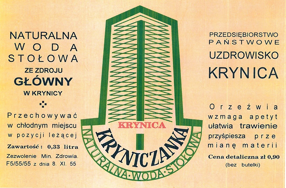 Etykieta wody Kryniczanka gazowana z 1955 roku
