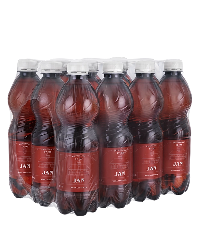 Zgrzewka naturalna wody leczniczej Jan w plastikowych butelkach PET, 0,5 litra.