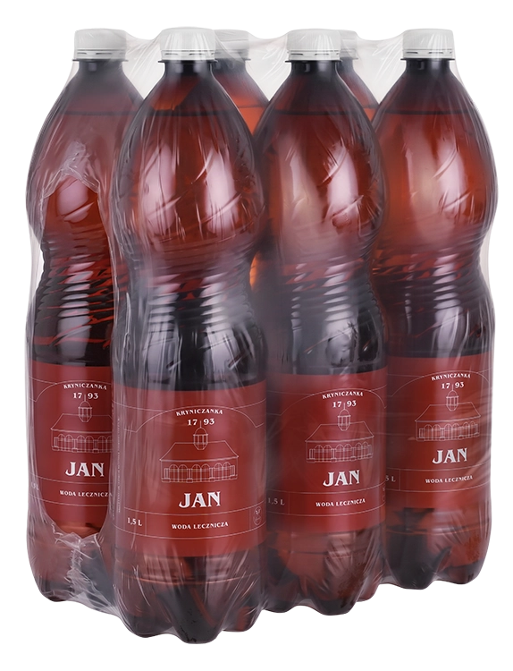 Zgrzewka naturalna wody leczniczej Jan w plastikowych butelkach PET, 1,5 litra.