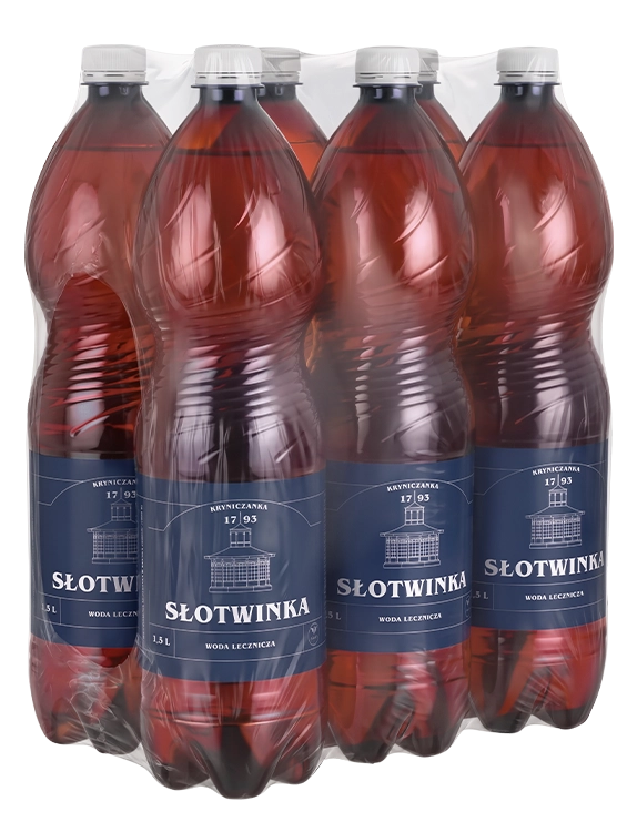 Zgrzewka naturalna wody leczniczej Słotwinka w plastikowych butelkach PET, 1,5 litra.