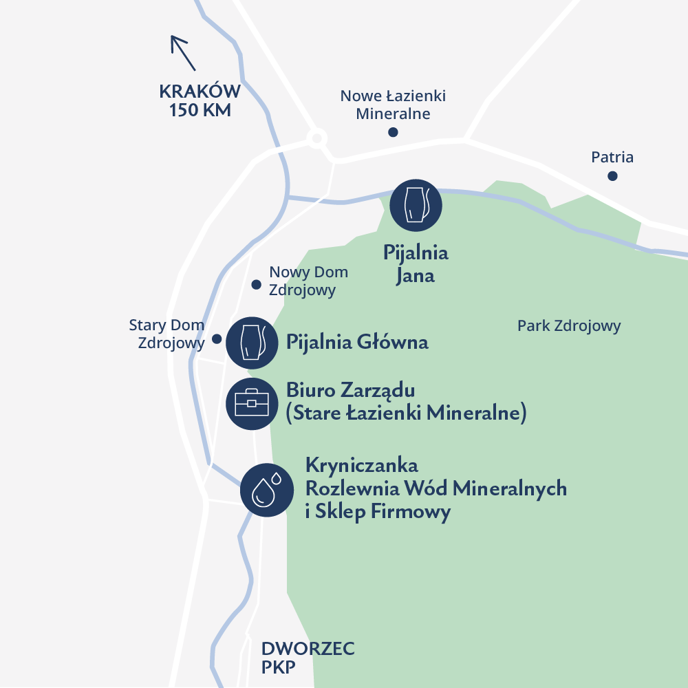 Uproszczona mapa centrum Krynicy-Zdroju z zaznaczonymi obiektami Kryniczanki: Pijalnią Jana, Pijalnią Główną, Biurem Zarządu w Starych Łazienkach Mineralnych oraz rozlewnią wód mineralnych ze sklepem firmowym.