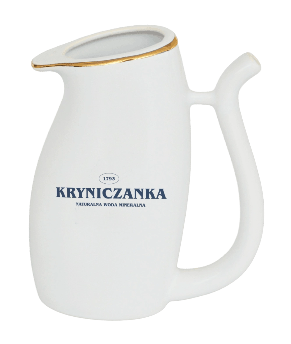 Biała ceramiczna pijałka z logo Kryniczanki