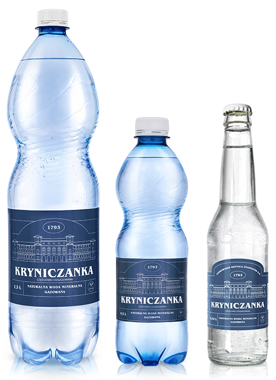 butelka PET wody Kryniczanka gazowana o pojemności 1,5 litra, butelka PET wody Kryniczanka gazowana o pojemności 0,5 litra, butelka szklana wody Kryniczanka gazowana o pojemności 0,33 litra
