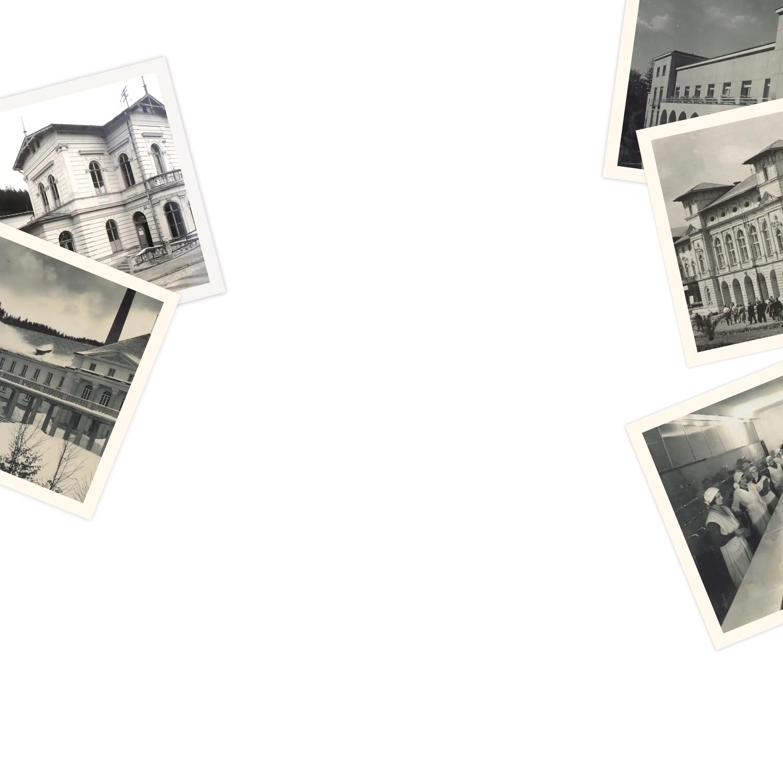 czarno-białe zdjęcia archiwalne typu polaroid, umieszczone na krawędziach przedstawiające budynki uzdrowiska Krynica-Żegiestów