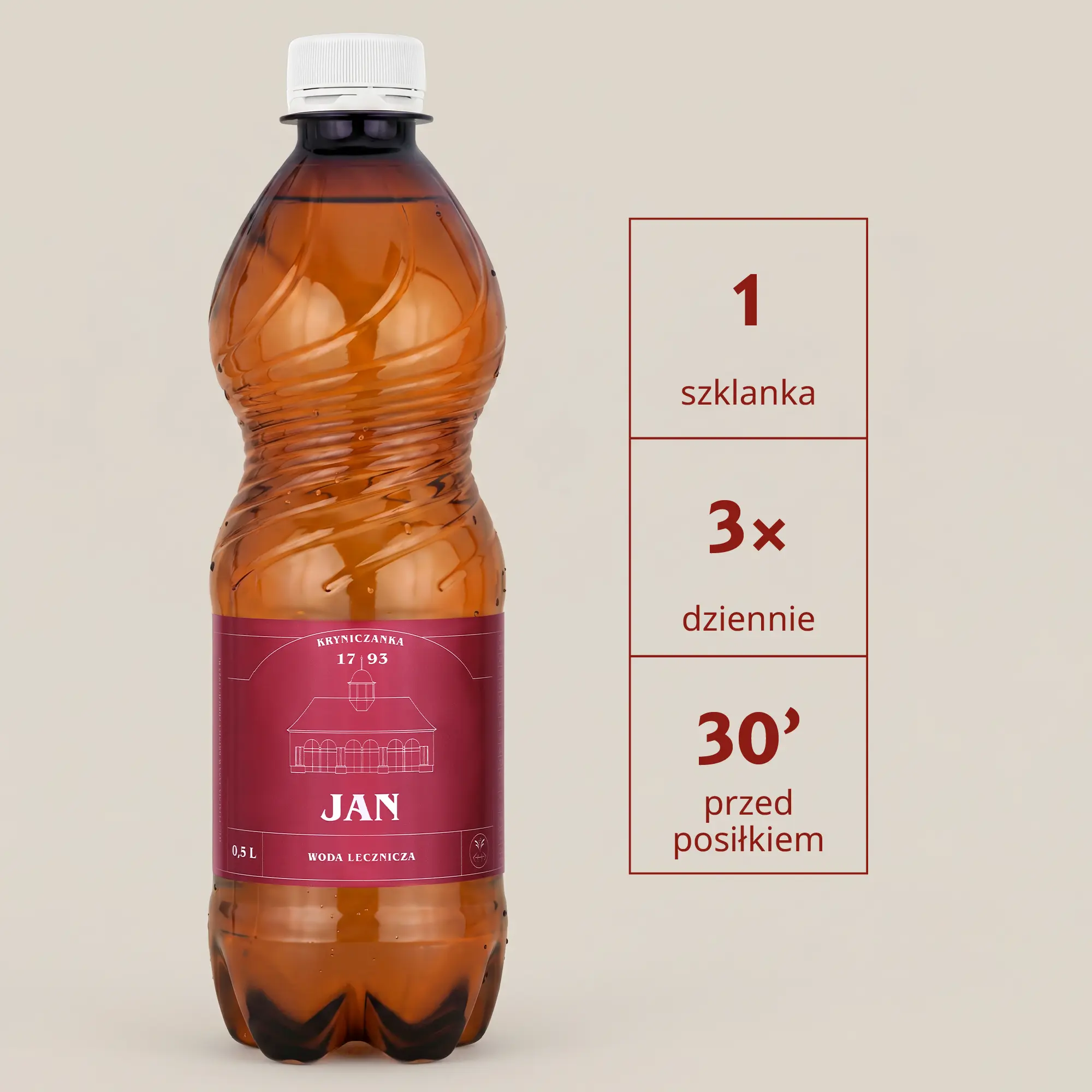 Butelka wody leczniczej Jan 0,5 l obok piktogramów podsumowujących sposób stosowania: 1 szklanka, 3 razy dziennie, 30 minut przed posiłkiem.